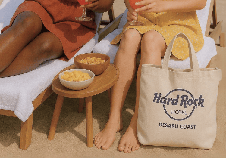two women sitting on a beach chairs with food and drinks